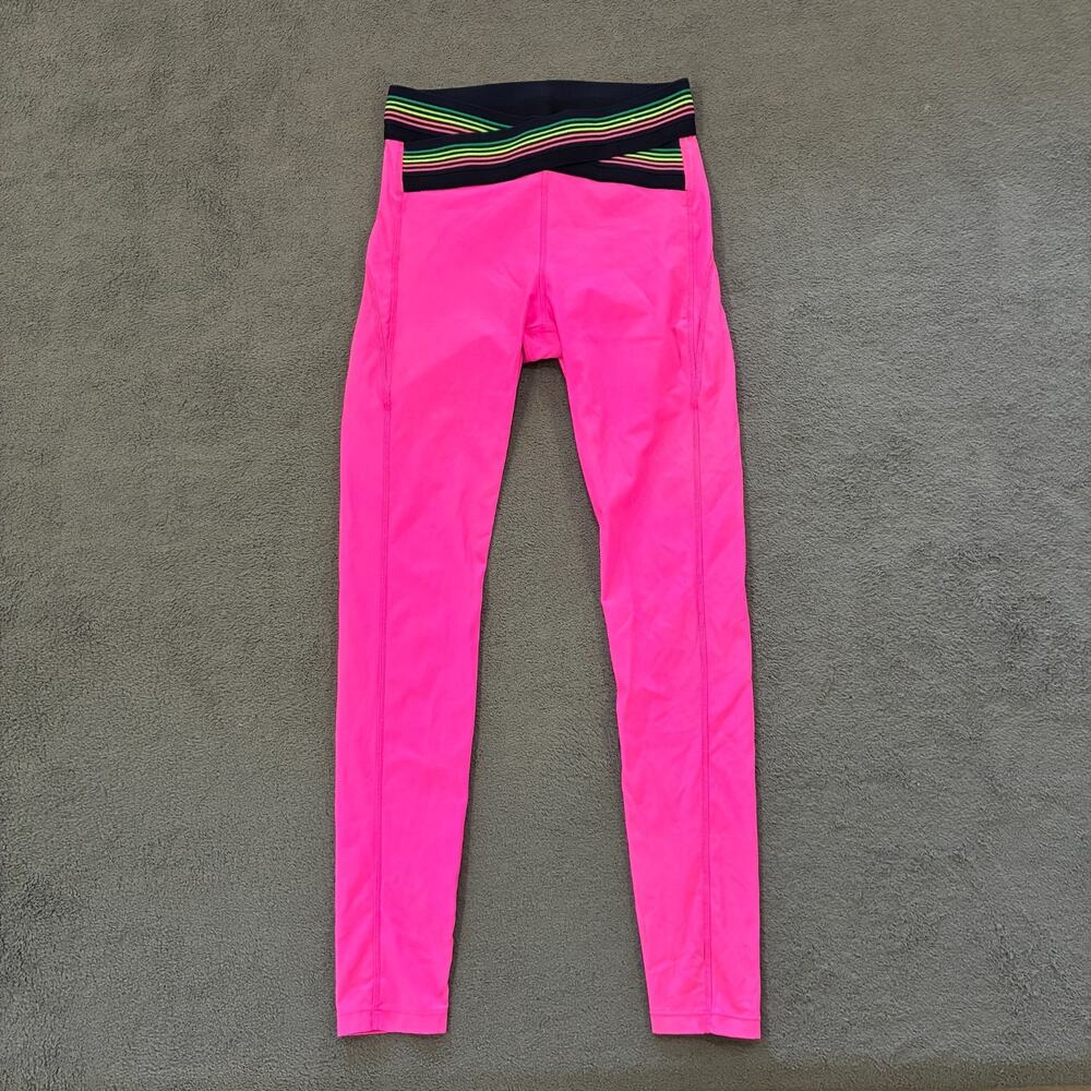 Nylora Crossover Neon Hot Pink Waistband Elastic Rainbow Leggings Women's Size S